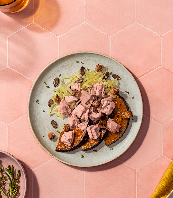 Geroosterde pompoen met tonijn en kruidencrostini